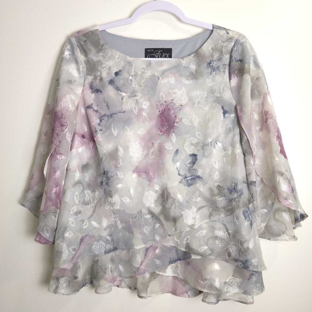 ALEX Evenings Tie Dye 3/4 Sleeve Floral Textured Asymmetric Tier Hem Blouse Mp